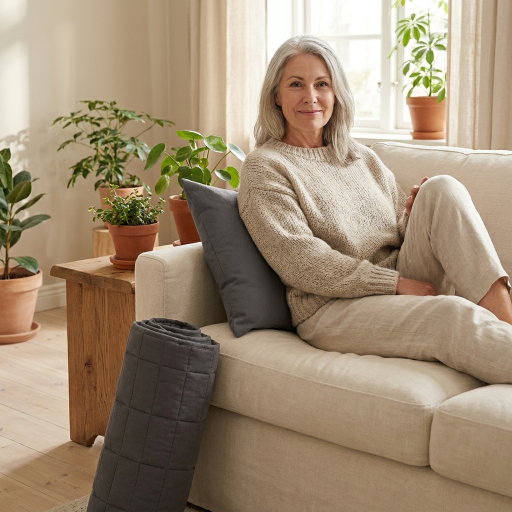 The traction mat rolled at the foot of the sofa beside a Salureva customer