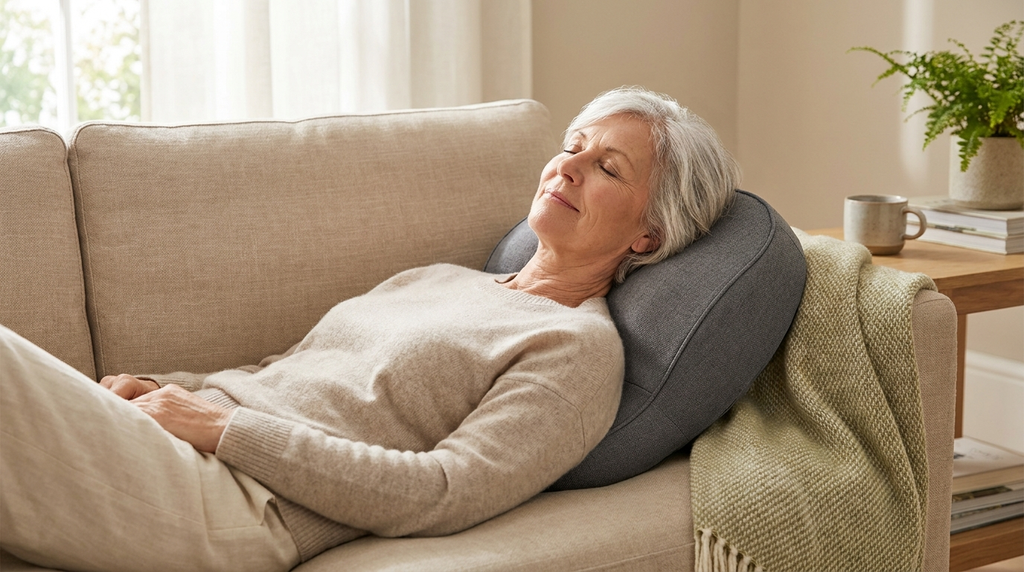A woman lying on a sofa with her neck resting on the Salureva heated massage cushion, eyes closed