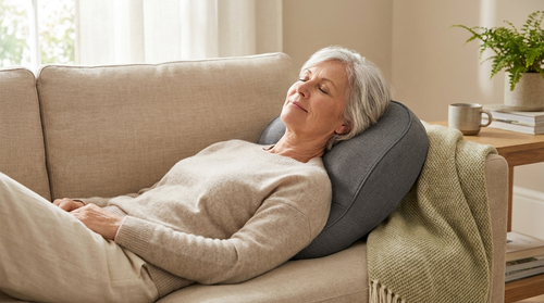 A woman lying on a sofa with her neck resting on the Salureva heated massage cushion, eyes closed