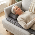 A woman on a sofa with the traction mat under her back and the heated cushion under her neck