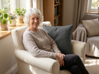 A woman in her seventies smiling in her armchair with the neck cushion beside her