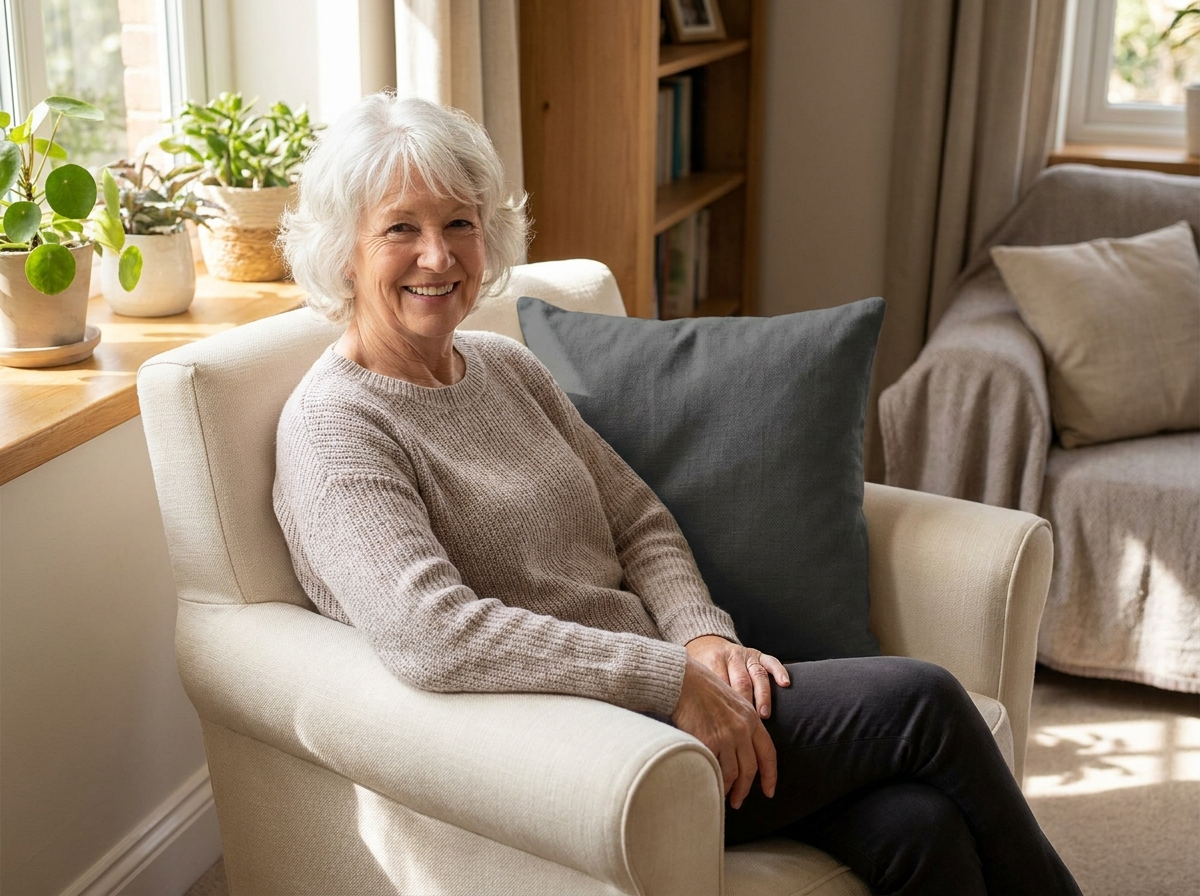 A woman in her seventies smiling in her armchair with the neck cushion beside her