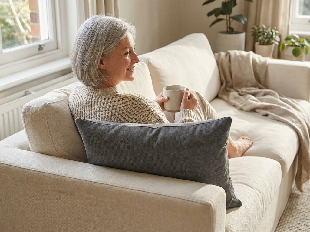 A woman in her sixties resting on her sofa with the lumbar cushion behind her lower back